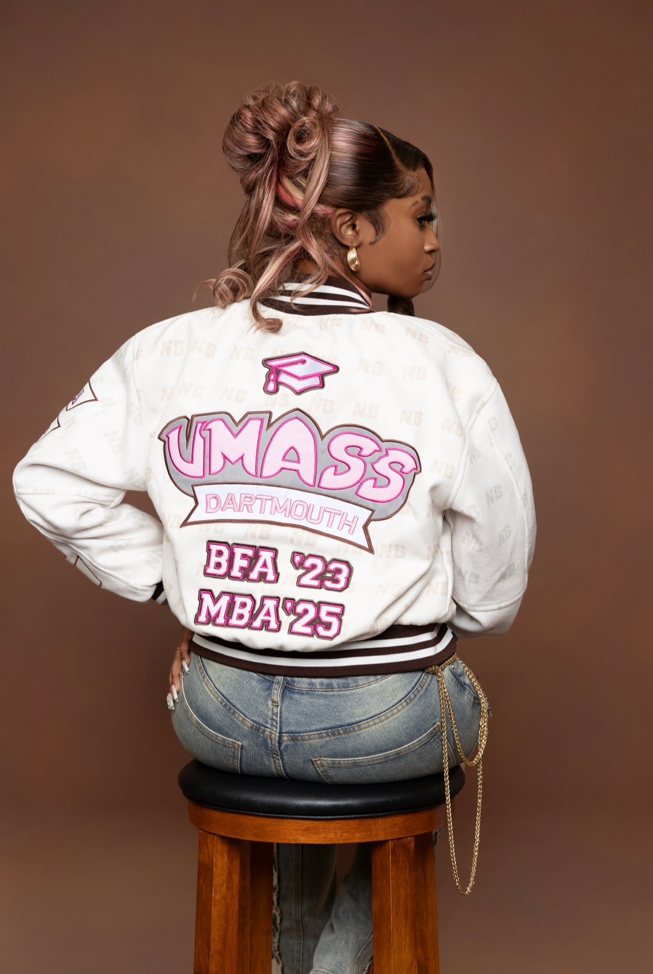 Custom NB varsity jacket back with BFA '23 and MBA '25