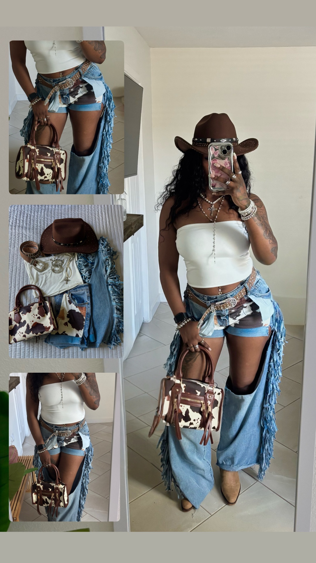 Western-inspired styling with cow print bag, hat, and reconstructed denim