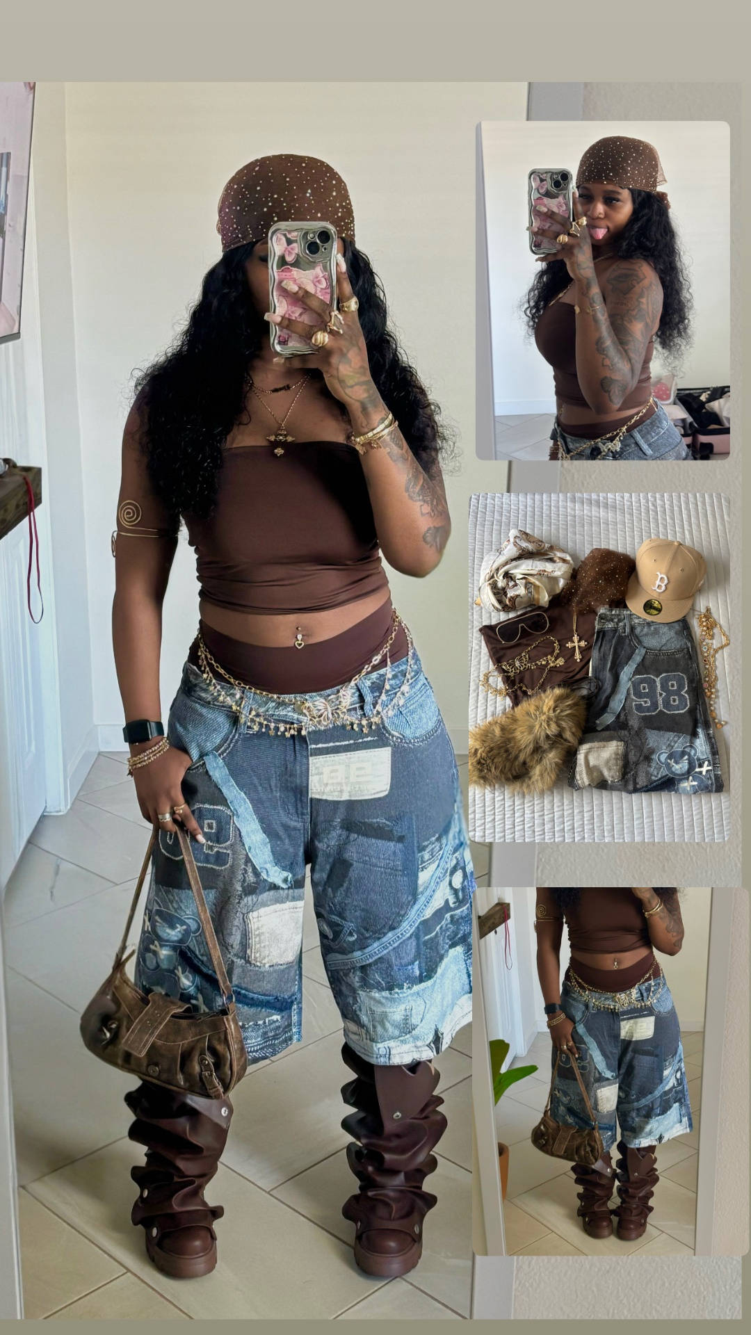 Brown styling look with layered denim, chain details, and tall boots