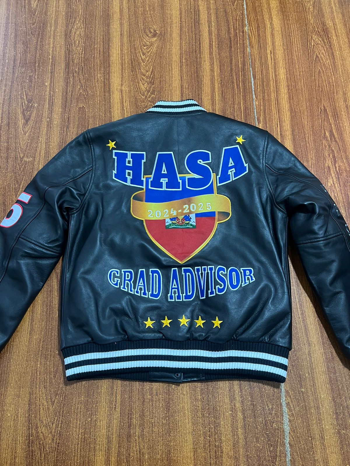 Custom HASA grad advisor leather bomber jacket back